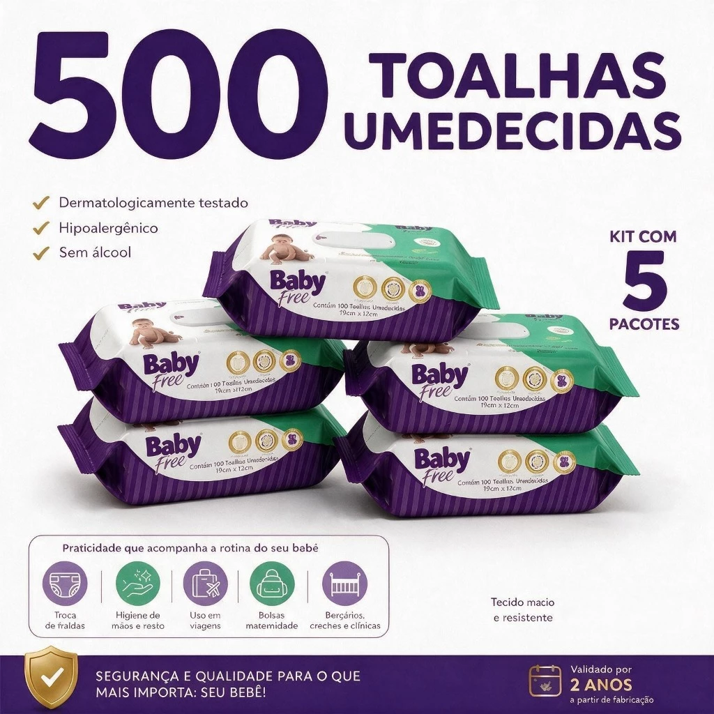 Kit 05 pacotes de Toalhas Umedecidas/ Lenços Baby free c/100- (sem tampa flip-top)