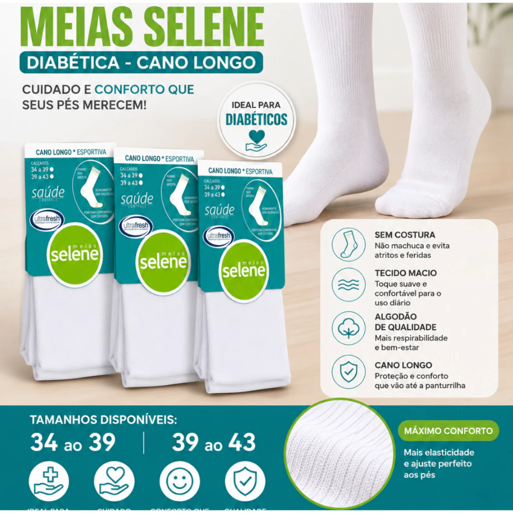 Kit de meias Selene para diabéticos, brancas e sem costura