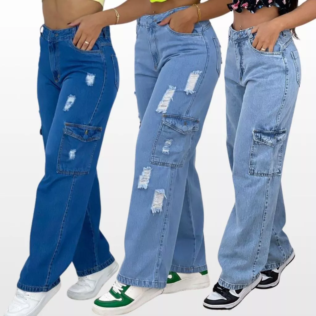 Calça Cargo Jeans Feminina Folgada Com Bolsos Rasgos () Na Moda