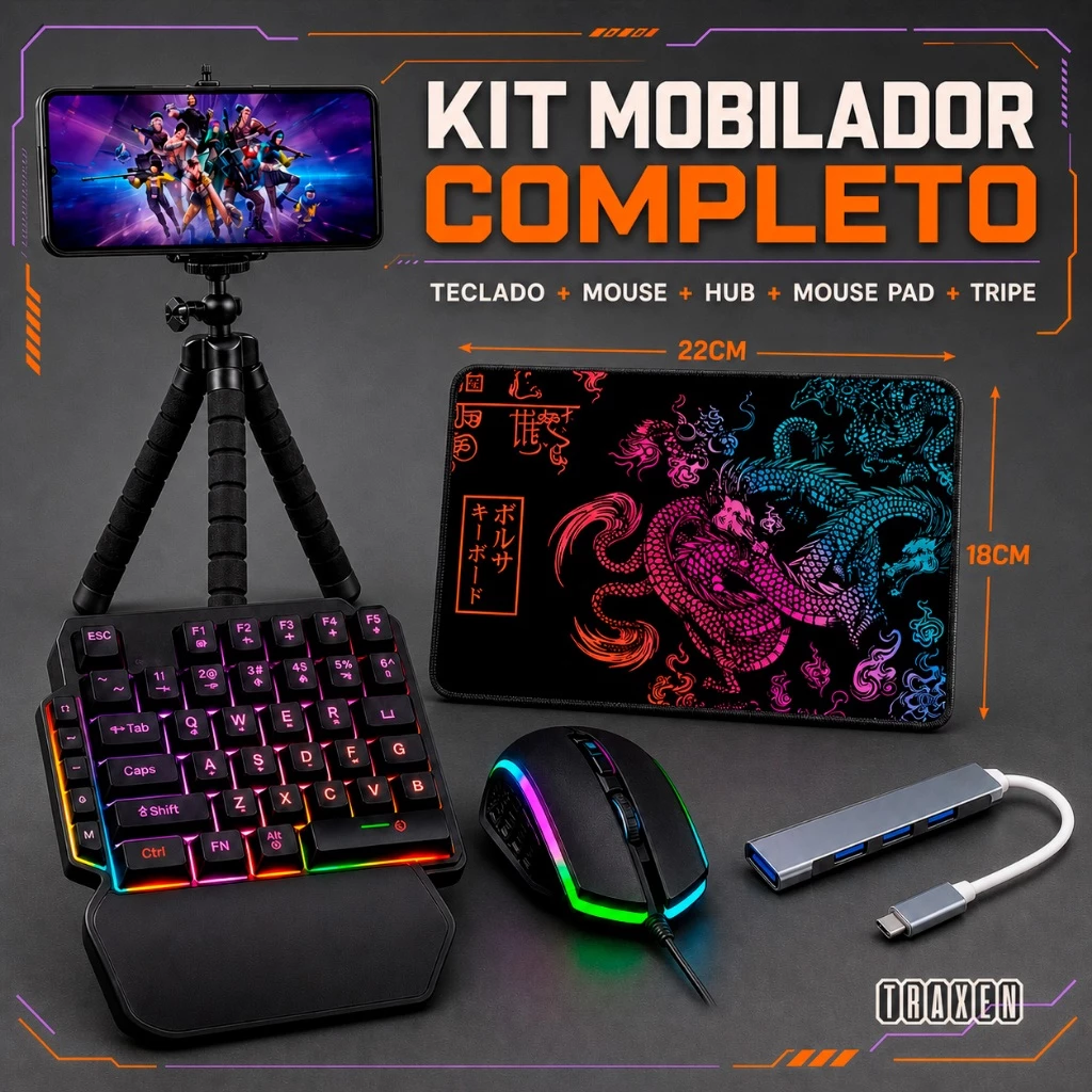 Kit mobilador One Hand: teclado e mouse gamer RGB para celular