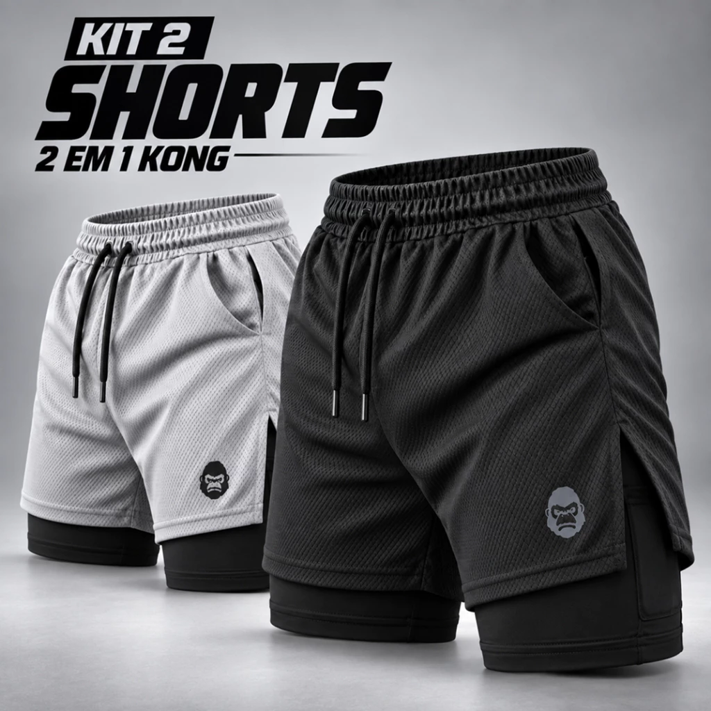 Kit 2 Shorts Masculino Kong 2 em 1 com Compressão, Bolso para Celular e Tecido Dry Fit