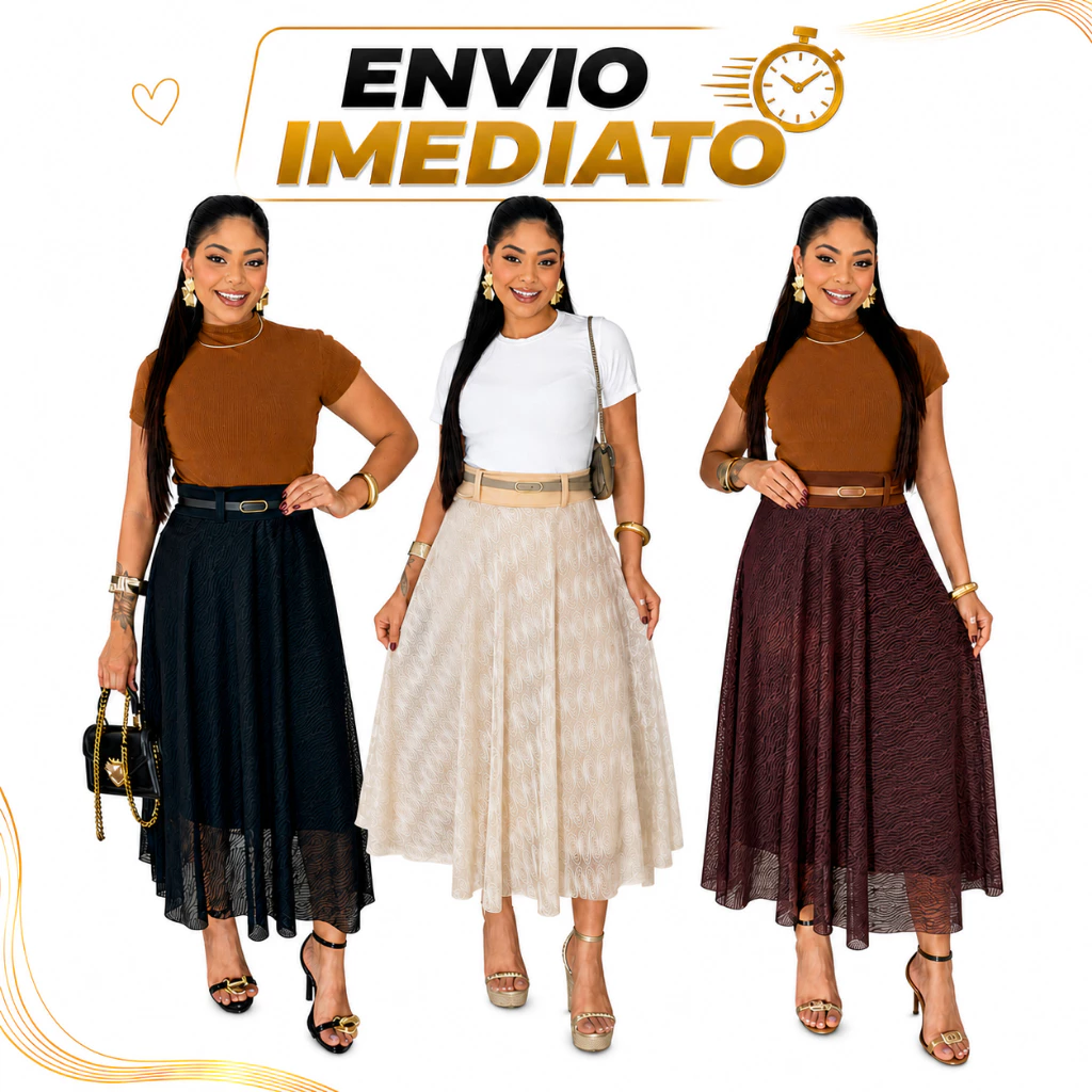Saia Midi Tule Trabalhada Com Cinto Exclusivo Elegante Moda Evangélica Feminina