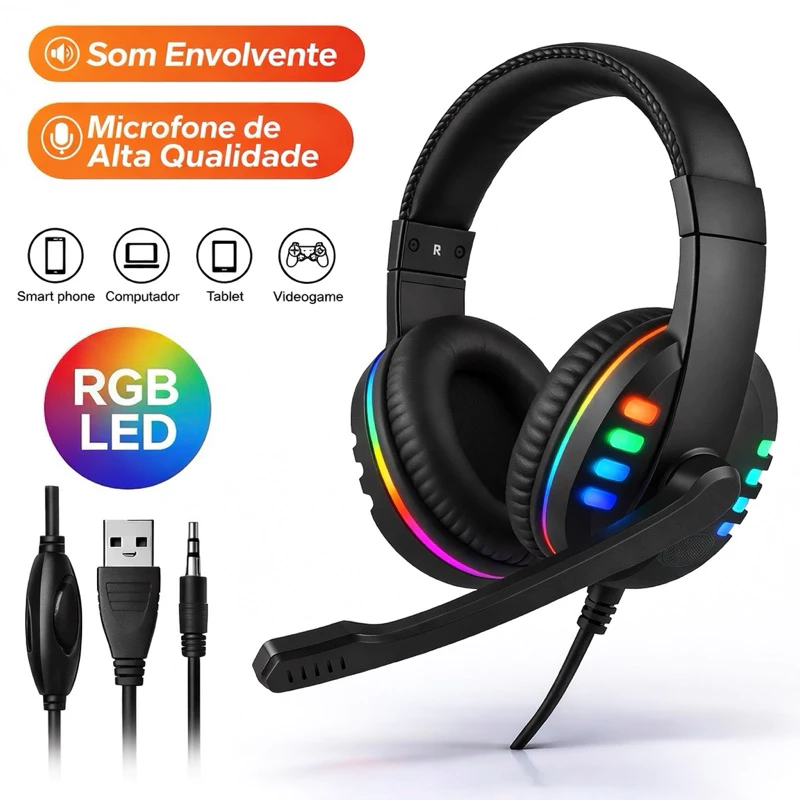 Headset gamer RGB com microfone USB e P2