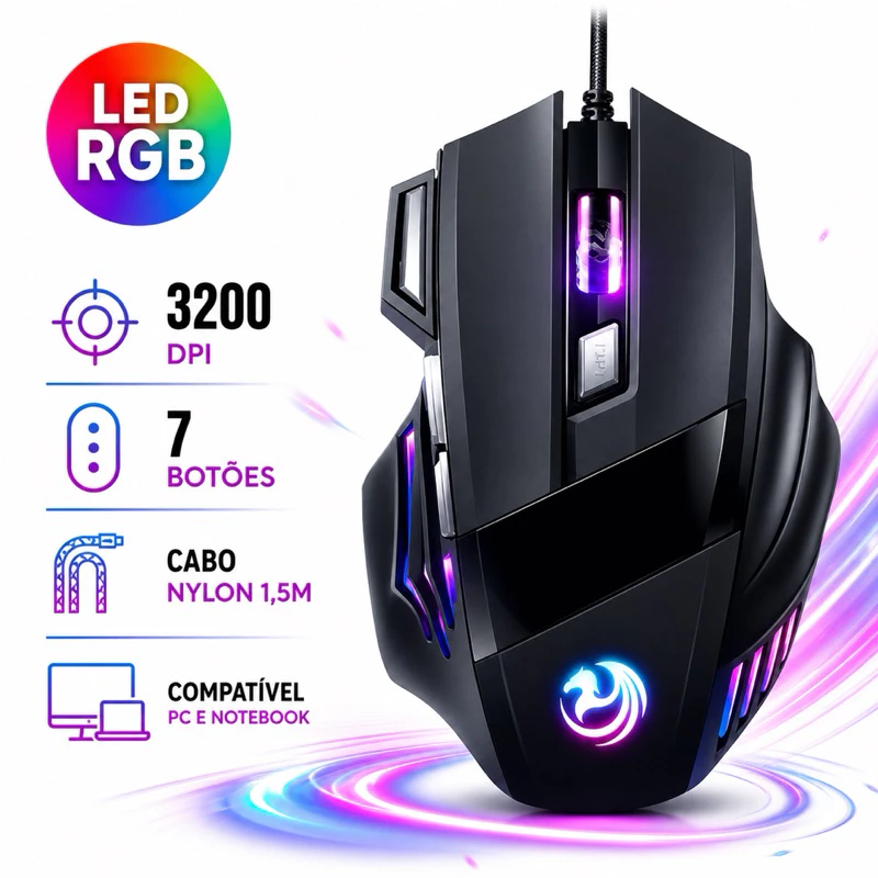 Mouse gamer RGB 3200 DPI com 7 botões