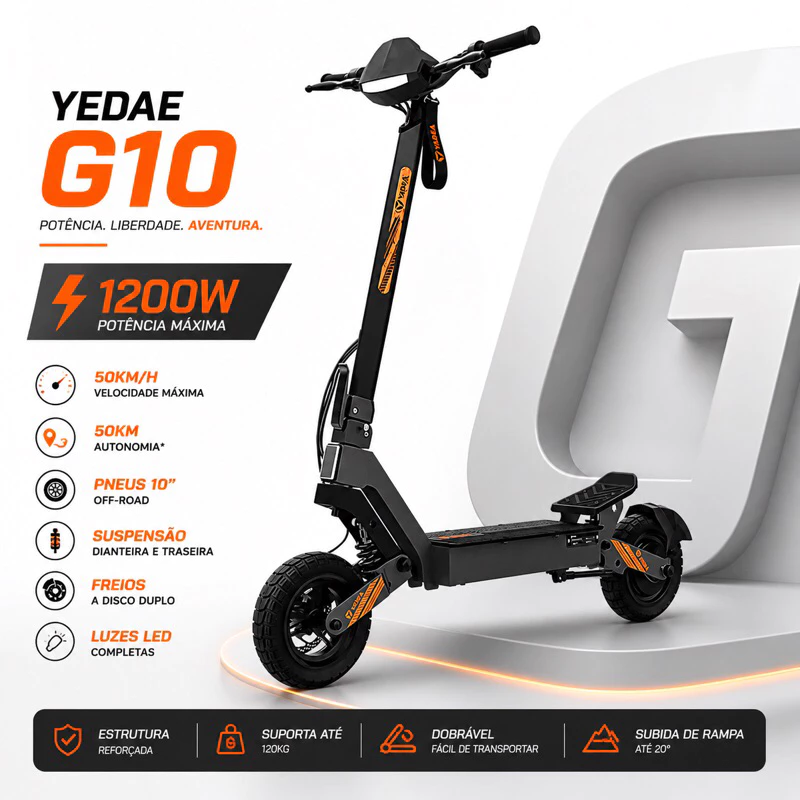 Patinete Elétrico Scooter Eletrico G10 Off Road 10" 50Km - Preto Yedae Patinete passeio Trabalho