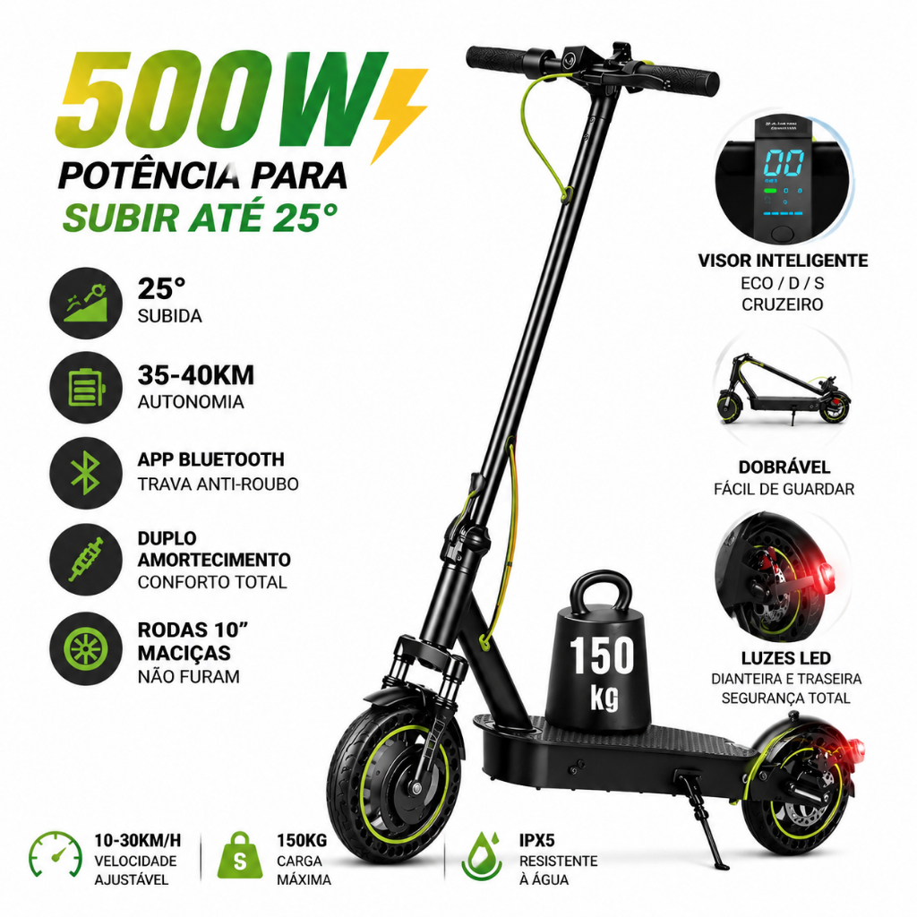 Patinete Scooter Elétrico, Elétrico 500w Com Velocidade Até 30 Km Bluetooth,autonomia de 40 km, dobrável