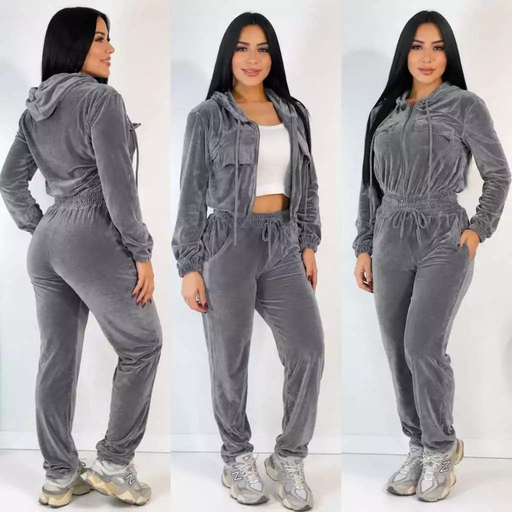 Conjunto femino de veludo cristal com capuz ziper calça com bolso feminino