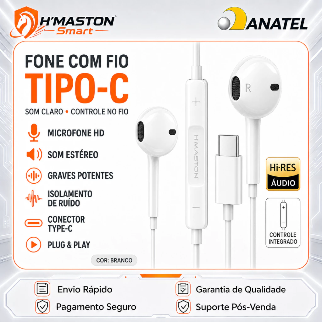 H'maston Fone De Ouvido Com Fio Tipo C Fone Com Fio Fone Tipo C Fone De Ouvido Tipo C Fone De Fio Fone Ouvido RB02