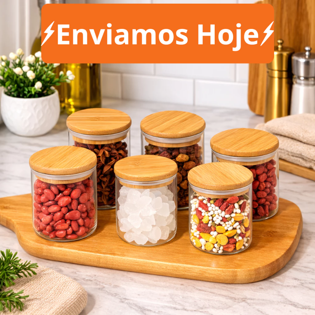 Kit Ate 12 Potes de Vidro com Tampa Bambu 200ML Potes Herméticos Porta Mantimen Hermético à Prova Odores