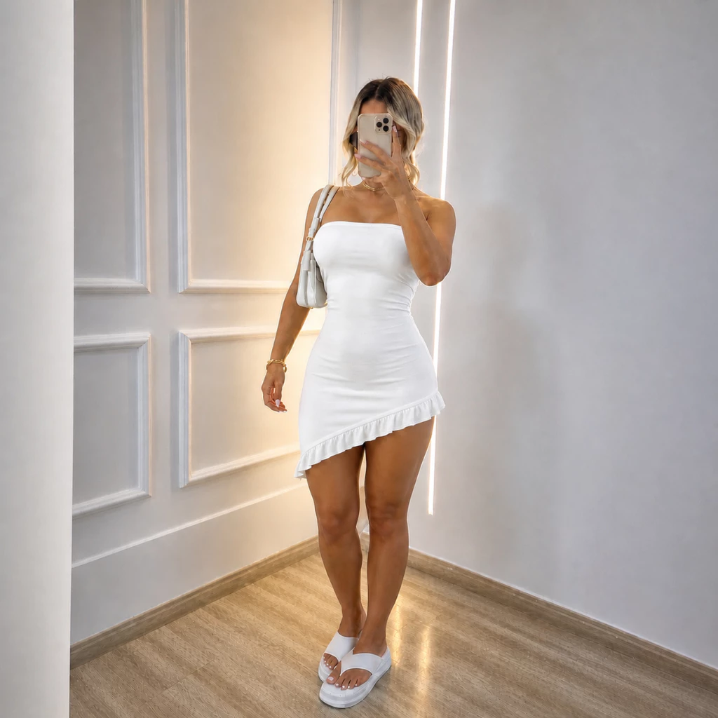 Vestido Curto Tomara que Caia com Fenda e Babado Suplex Moda Gringa (OZI)