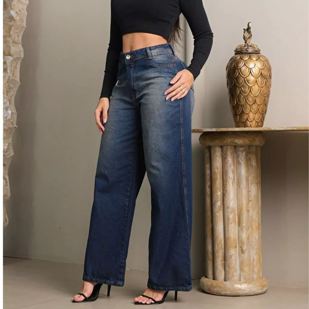 Calça Jeans Feminina Wide Leg Sobretinto 100% Algodão Marmorizada Cintura Alta Pantalona Linha Levanta Bumbum