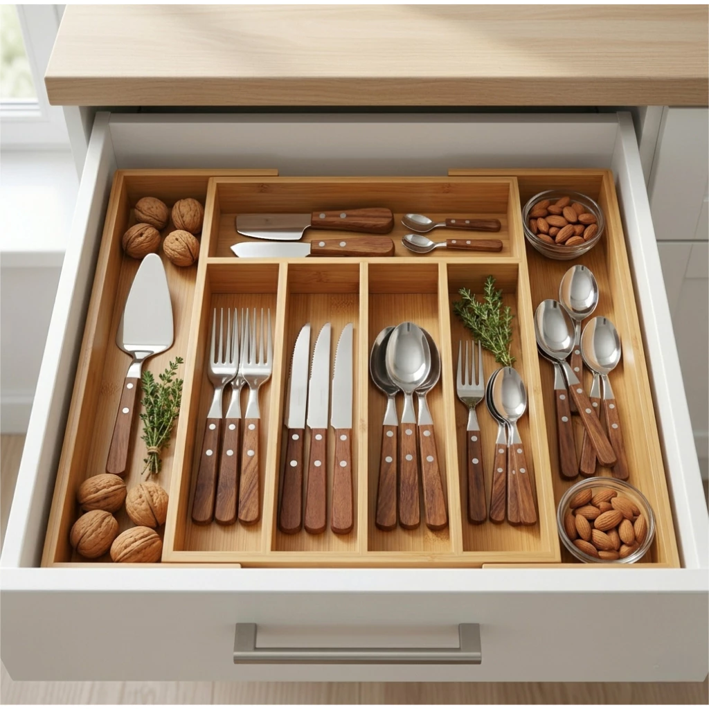 Organizador De Talheres Gaveta Bambu Extensível 7 Divisórias