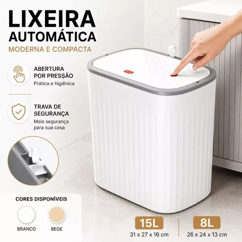 Lixeira Retrátil 15L 8L Tampa Click Antiodor Compacta para Banheiro Cozinha Quarto Branca Bege