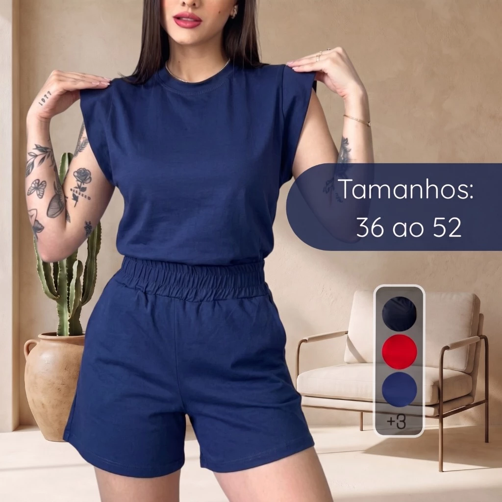 Conjunto Feminino Casual Blusa e Short Liso Algodão