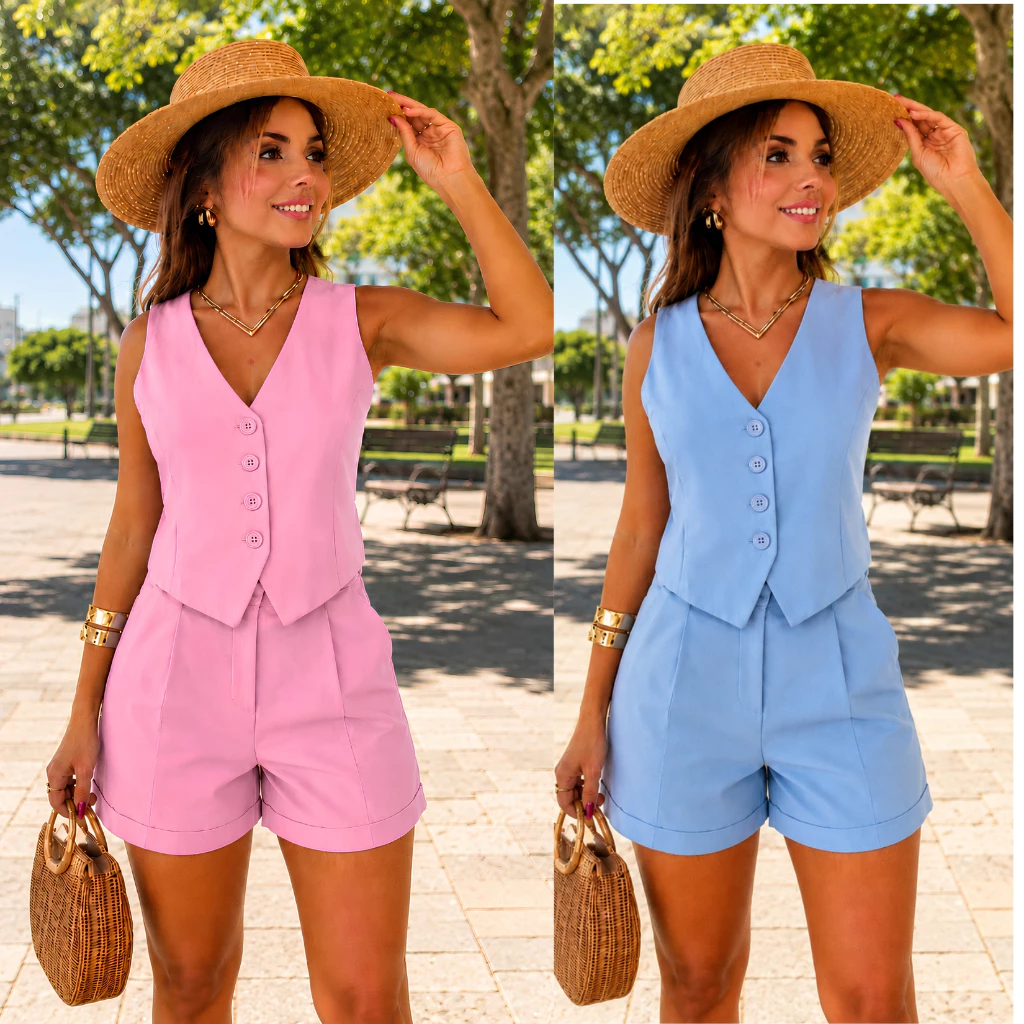 Conjunto feminino short e colete social em alfaiataria look leve e estiloso