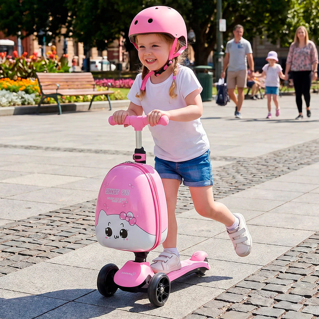 Patinete Elétrico Infantil Rosa Com Mochila Guarda Brinquedos Scooter Dobrável M