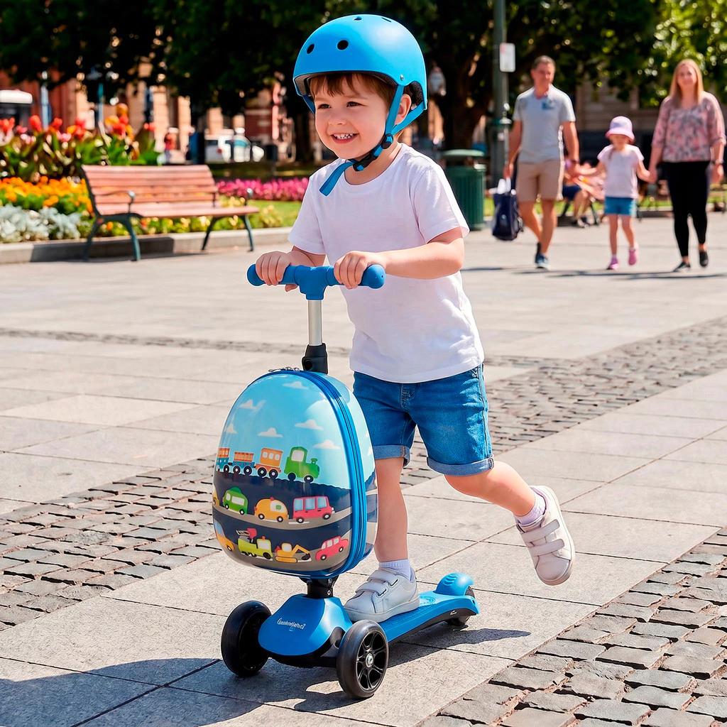 Patinete Elétrico Infantil Azul Com Mochila Guarda Brinquedos Scooter Dobrável M