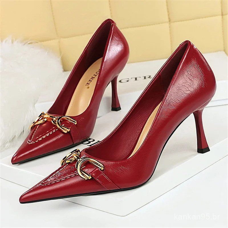 Sapatos de salto de 8cm para mulheres, salto agulha, bico fino, vinho tinto, salto médio, de escritório, co