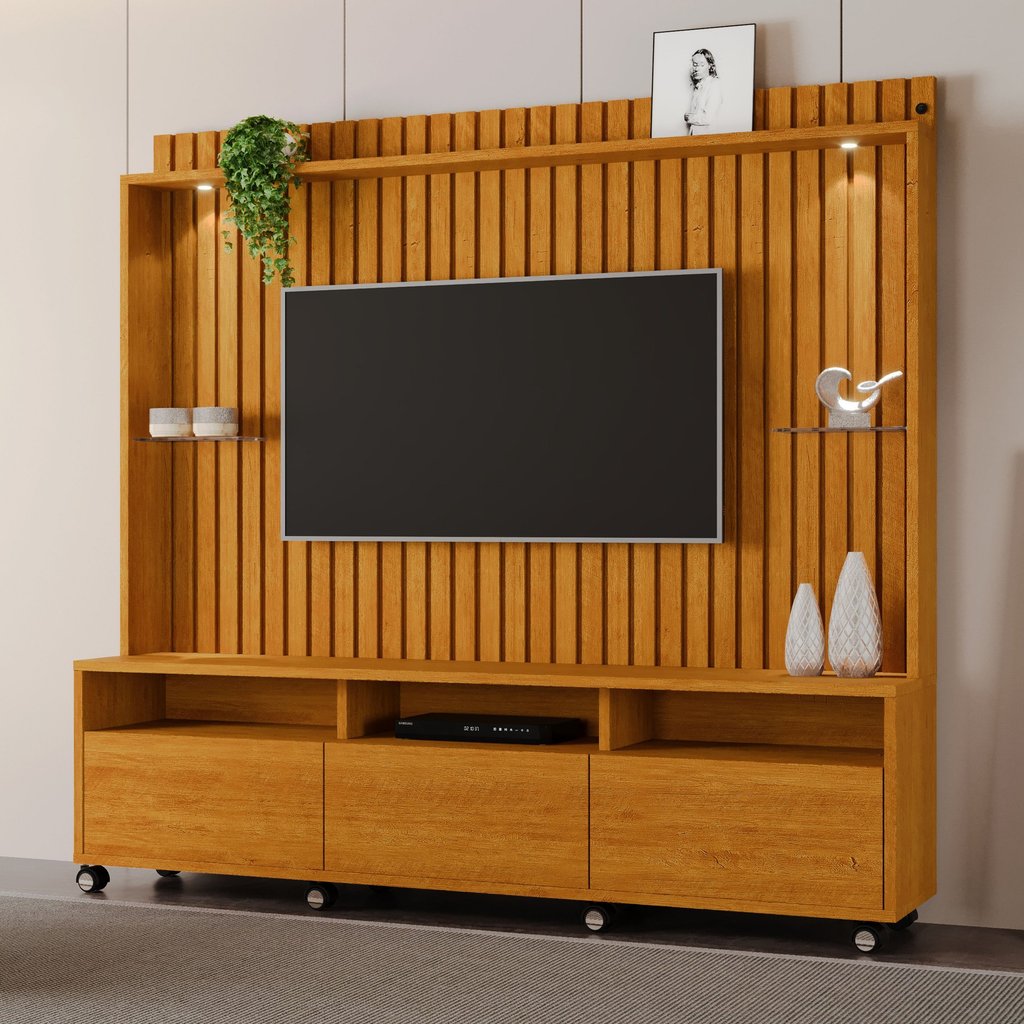 Estante para TV e Home Theater Ripado para TV até 60 Polegadas com LED MDF 190cm LED Tvs de com 3 Gavetas Absoluto