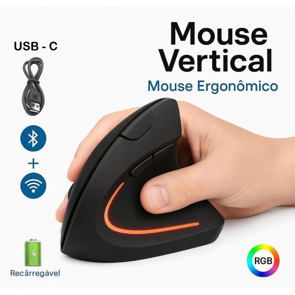 Mouse vertical ergonômico sem fio recarregável