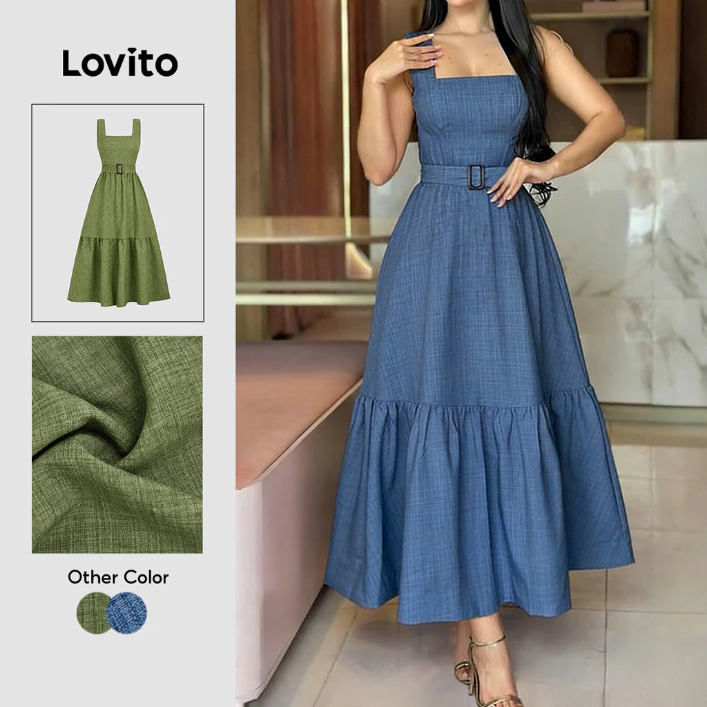 Lovito Elegante Vestido com Zíper e Cinto Barra com Babado Vestido Azul Primavera/verão para mulheres L34LD096