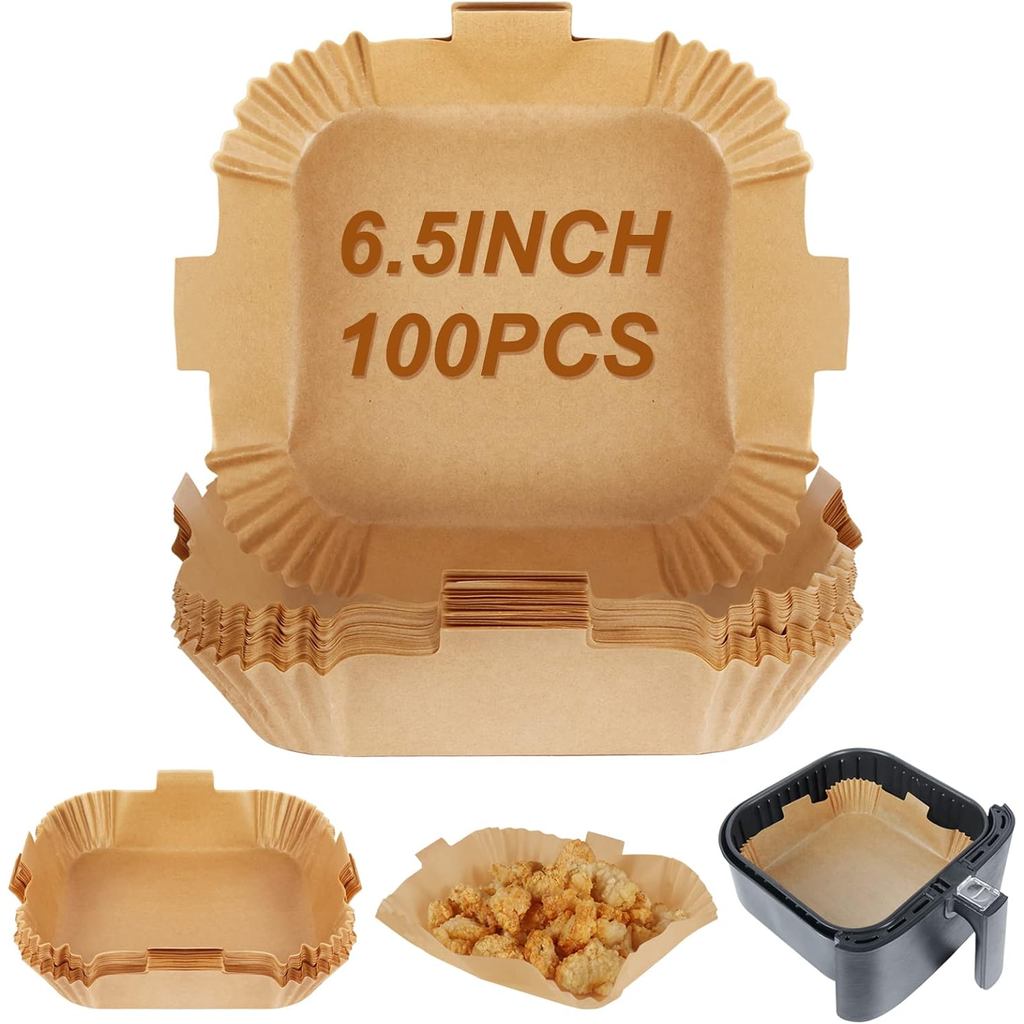 BYKITCHEN Square Air Fryer Parchment Paper, Set of 100, 6.5 Inch Square Airfryer Liners, Air Fryer Filter Paper, Compati