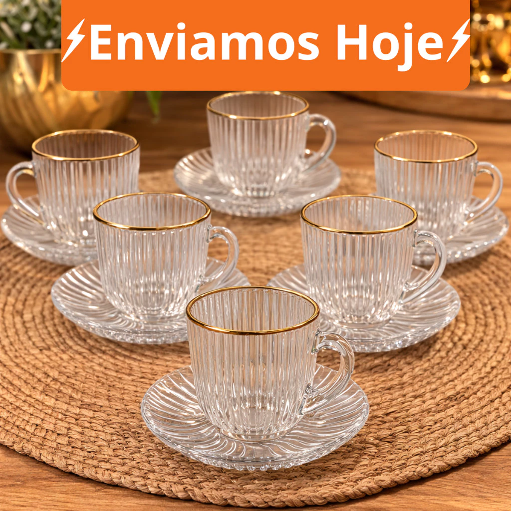 Jogo De Xicara De Luxo Vidro Com Borda Dourada + Pires Linha Hauskraft Premium 85ml