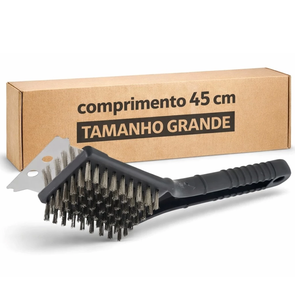 Escova Para Grelha 45cm Cerdas de Aço Inox Original Line Limpa Grelha de Churrasqueira Com Raspador